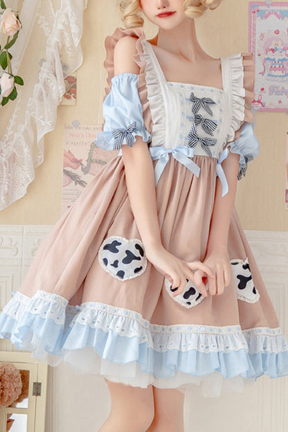 Apricot Pastoral Girl Ruffled Sling Short Sleeves High Waisted Sweet Lolita OP Dress