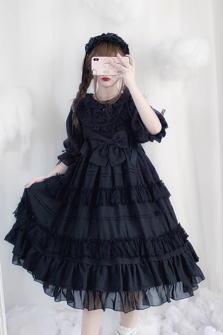 Black Lace Cool Angel Short Sleeves Bowknot Ruffle Gothic Lolita Dress
