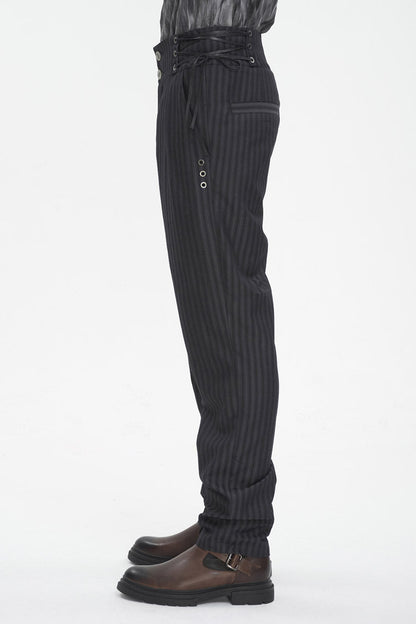 Black High Waisted Lace-Up Striped Men's Gothic Pants