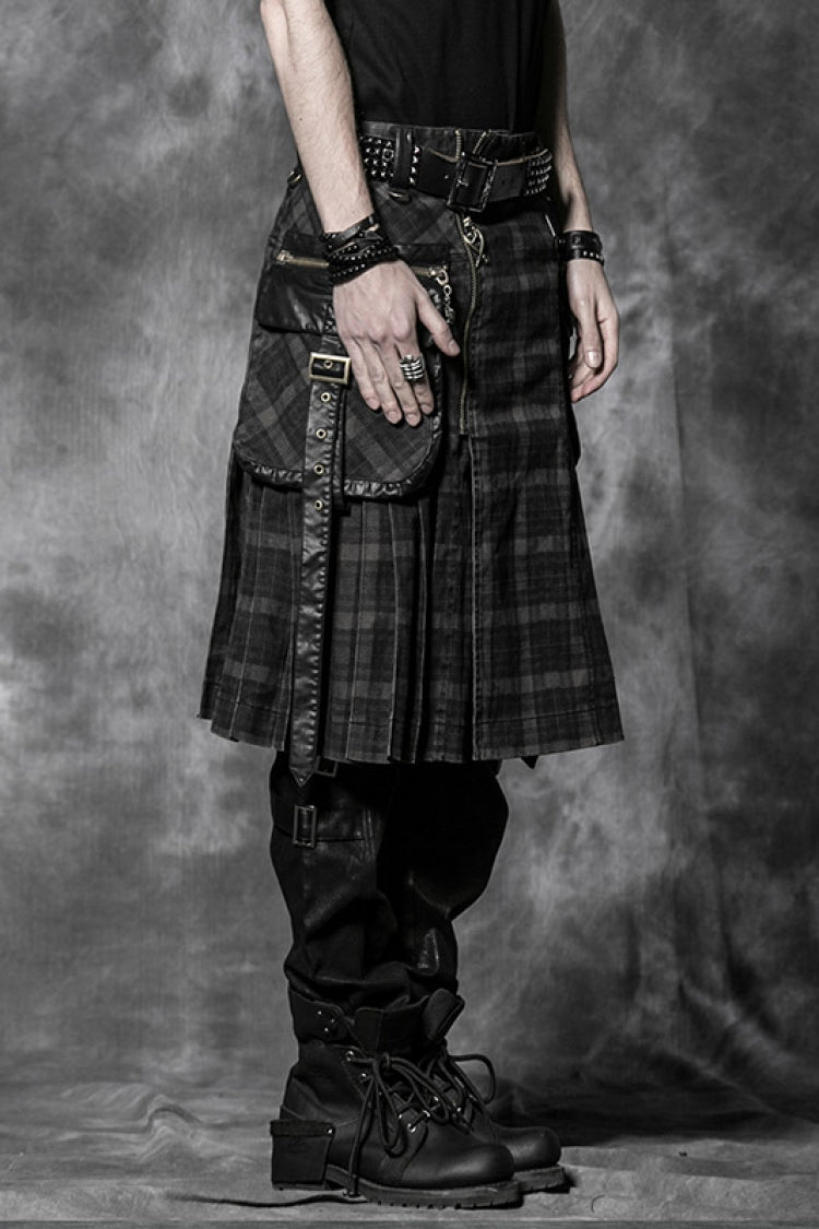 Black Plaid Print Ruffle Men's Steampunk Skirt