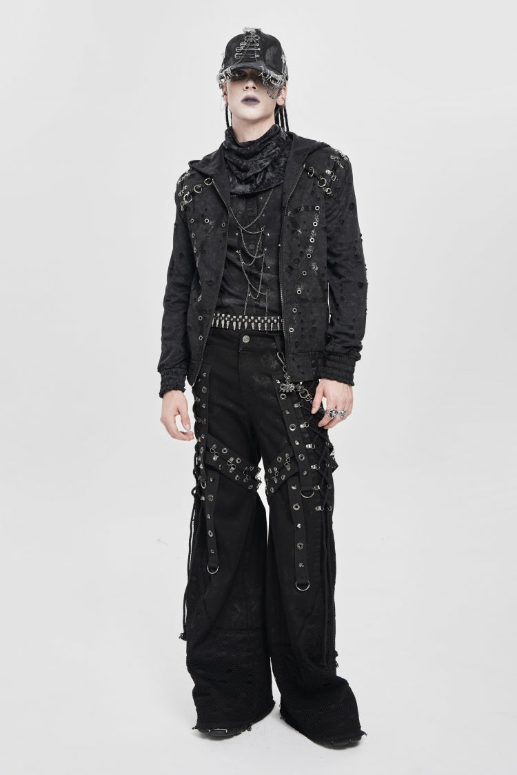 Black Long Sleeves Hexagram Print Hooded Ripped Pleated Men's Punk Coat