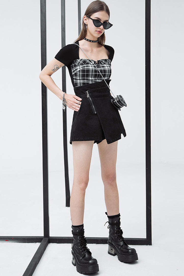 Black Metal Zipper High Waist Irregular Hem Women's Punk A-Line Shorts