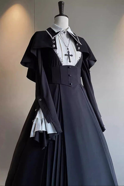 Black Cross Salute Nun Long Sleeves Ruffle Plus Size Gothic Lolita Strap Dress Set