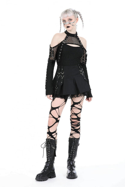 Black Off Shoulder Long Sleeves Cut-Out Spliced Mesh Women's Punk Top
