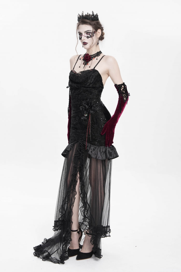 Black Floral Embroidery Mesh Hem Women's Gothic Long Slip Dress