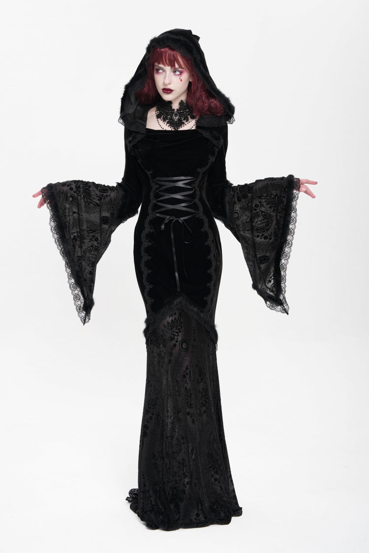 Black Long Trumpet Sleeves Embroidery Stitching Lace Hooded Mesh Women's Gothic Dress