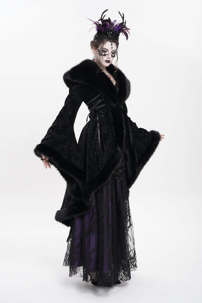 Black Long Sleeves Floral Embroidery Women's Gothic Fluffy Coat