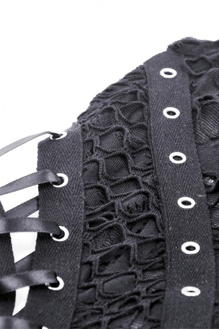 Black High Collar Sleeveless Irregular Asymmetric Lace-Up Eyelet Women's Punk Ripped Tank Top