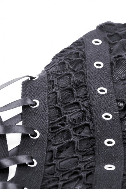 Black High Collar Sleeveless Irregular Asymmetric Lace-Up Eyelet Women's Punk Ripped Tank Top