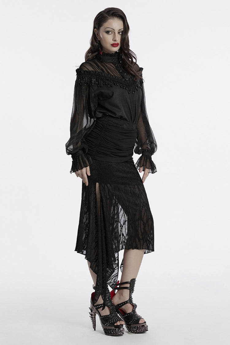 Black Irregular Mesh Ruched Women's Punk Fishtail Skirt