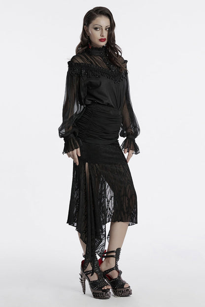 Black Irregular Mesh Ruched Women's Punk Fishtail Skirt