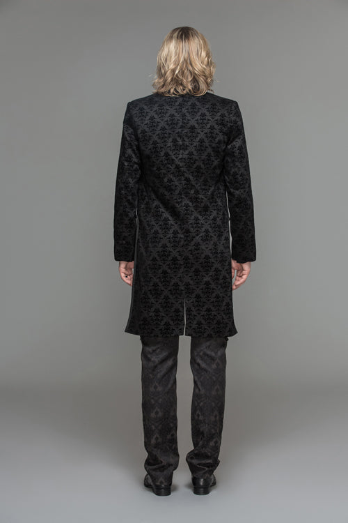 Black Gothic Floral Patterned Flocking Short Front And Long Back Open Mens Coat