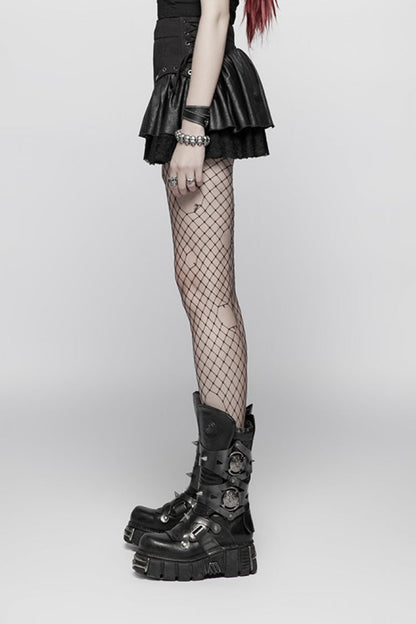Black Multi-layer PU Leather Stitching Lace Women's Steampunk Skirt