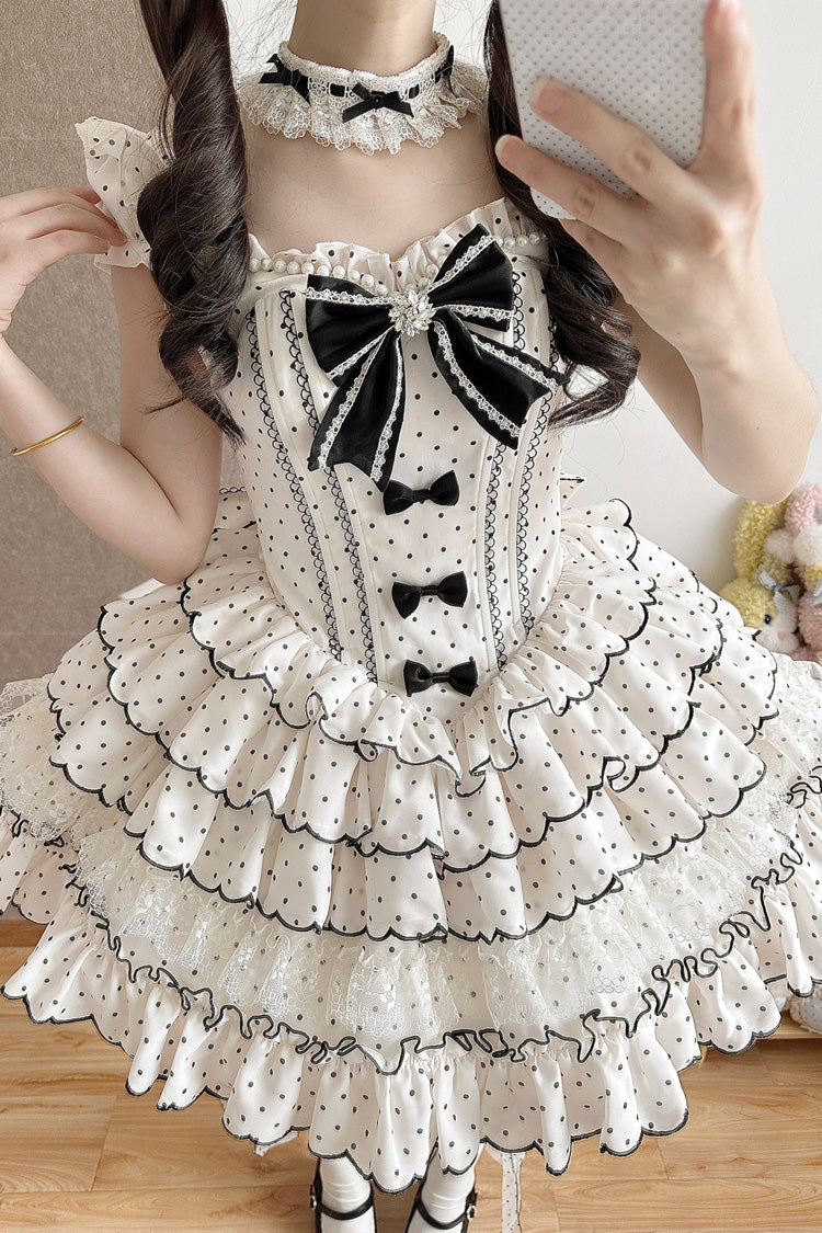 Beige Sleeveless Multi-Layered Polka Dots Printed Ruffled Bow Sweet Princess Lolita Jsk Dress