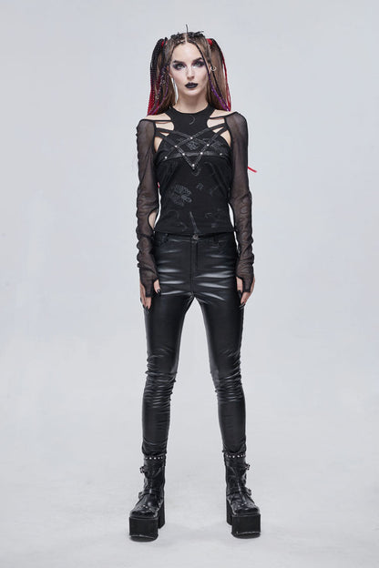 Black Pentagram Leather Striped Long Sleeve Women's Gothic T-Shirt