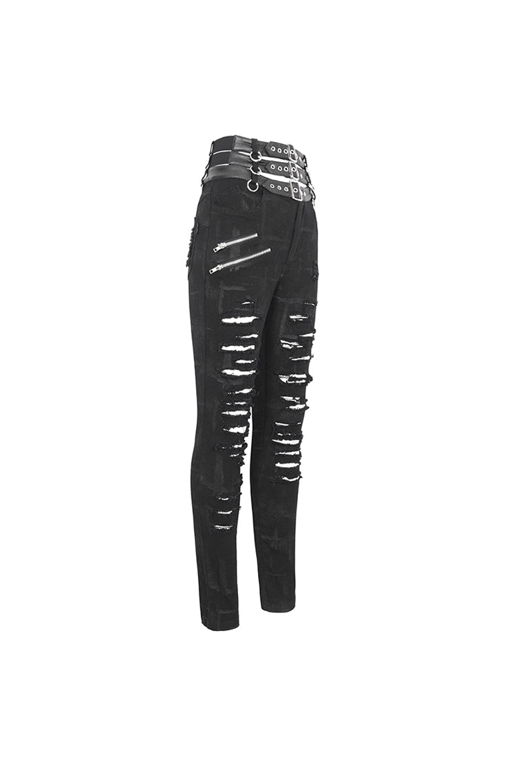 Black High Waisted Loophole Ripped Buckle Women's Punk Pants