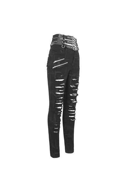 Black High Waisted Loophole Ripped Buckle Women's Punk Pants