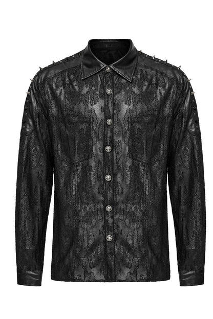 Black Lapel Collar Long Sleeves Faux Leather Stitching Men's Punk Blouse