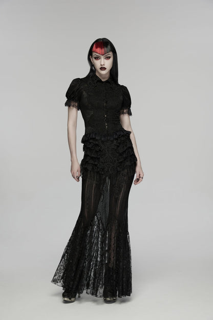 Black Lapel Collar Short Puff Sleeves Cut-Out Lace Lace-Up Slim Women's Gothic Blouse