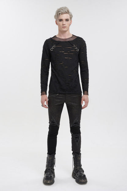Black Diamond Mesh Irregular Hole Long-Sleeved Men's Punk T-Shirt
