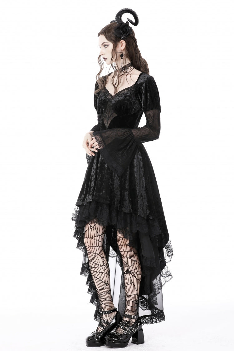 Black Long Puff Sleeves High Low Irregular Multi-Layered Lace Women's Gothic Velvet Dress
