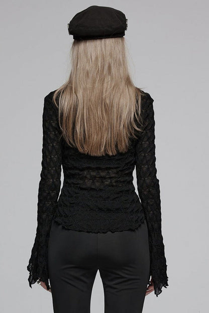 Black Diamond Pattern Round Collar Irregular Drawstring Women's Gothic Shirt