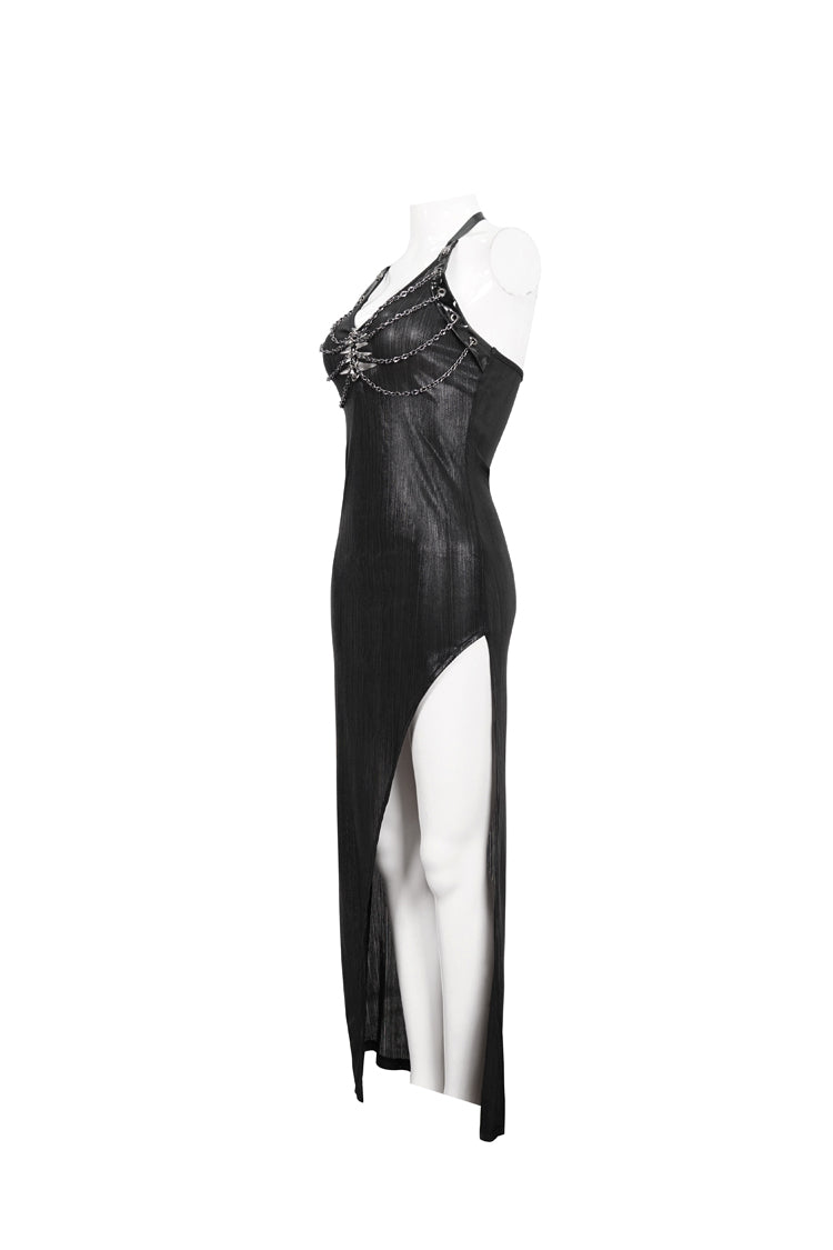 Black Chest Cutout Chain Halter Neck Lace High Slit Long Women's Punk Dress