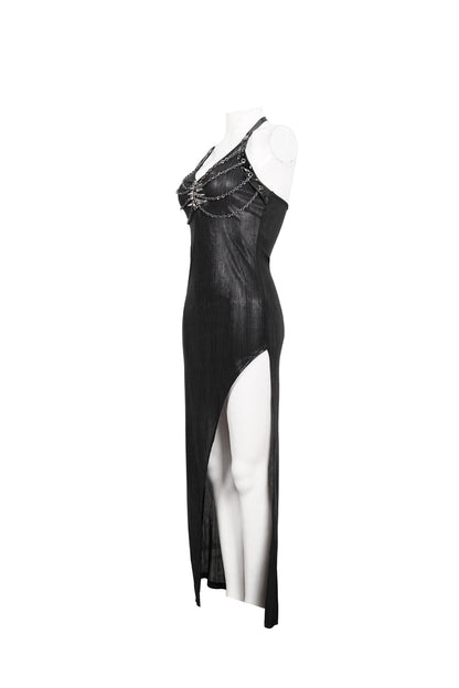 Black Chest Cutout Chain Halter Neck Lace High Slit Long Women's Punk Dress