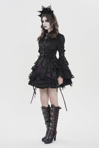 Black Lapel Collar Long Trumpet Sleeves Lace Lace-Up Women's Gothic Blouse