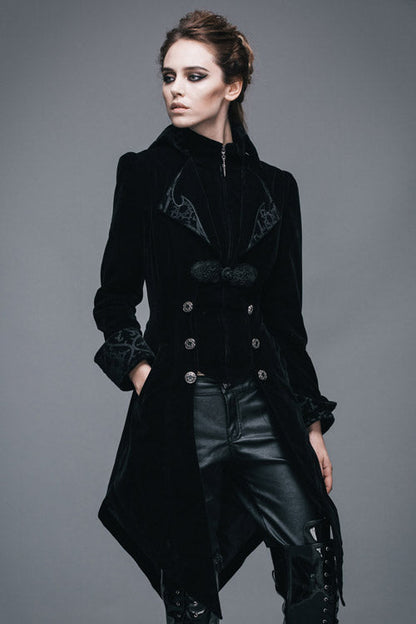 Black Embroidered High Collar Dovetail Velveteen Womens Gothic Coat