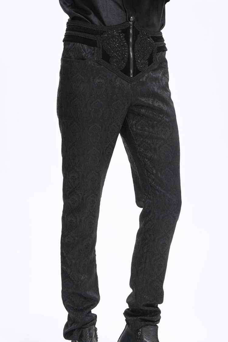 Black Floral Print Embroidery Branded Zip Men's Gothic Pants