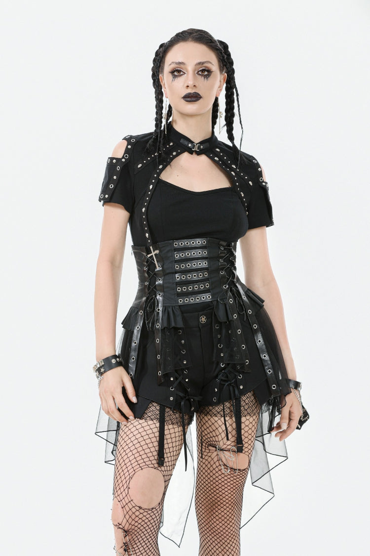 Black High Waisted Lace-Up High/low Mesh Women's Punk Skirt