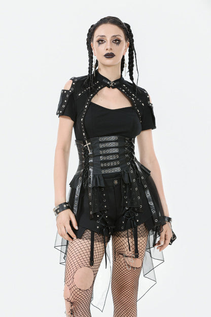 Black High Waisted Lace-Up High/low Mesh Women's Punk Skirt