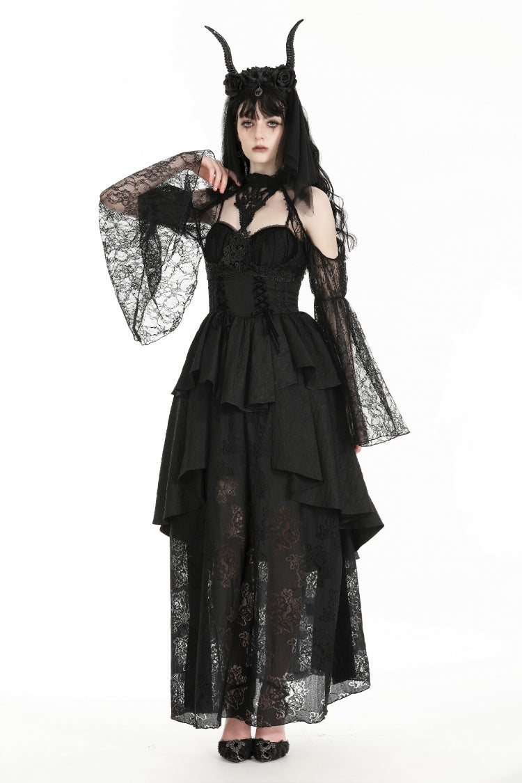 Black Off Shoulder Long Puff Sleeves Cut-Out Lace Women's Gothic Cape