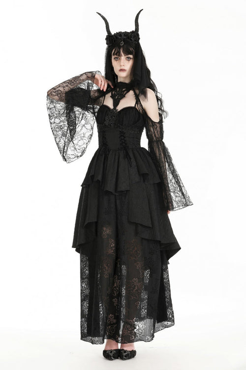 Black Off Shoulder Long Puff Sleeves Cut-Out Lace Women's Gothic Cape