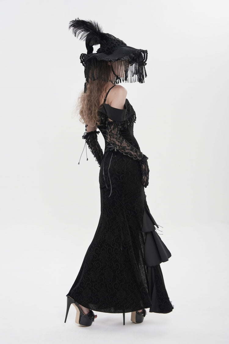 Black Off Shoulder Sleeveless Embroidered Lace Slim Women's Gothic Gorgeous Strapless Dress