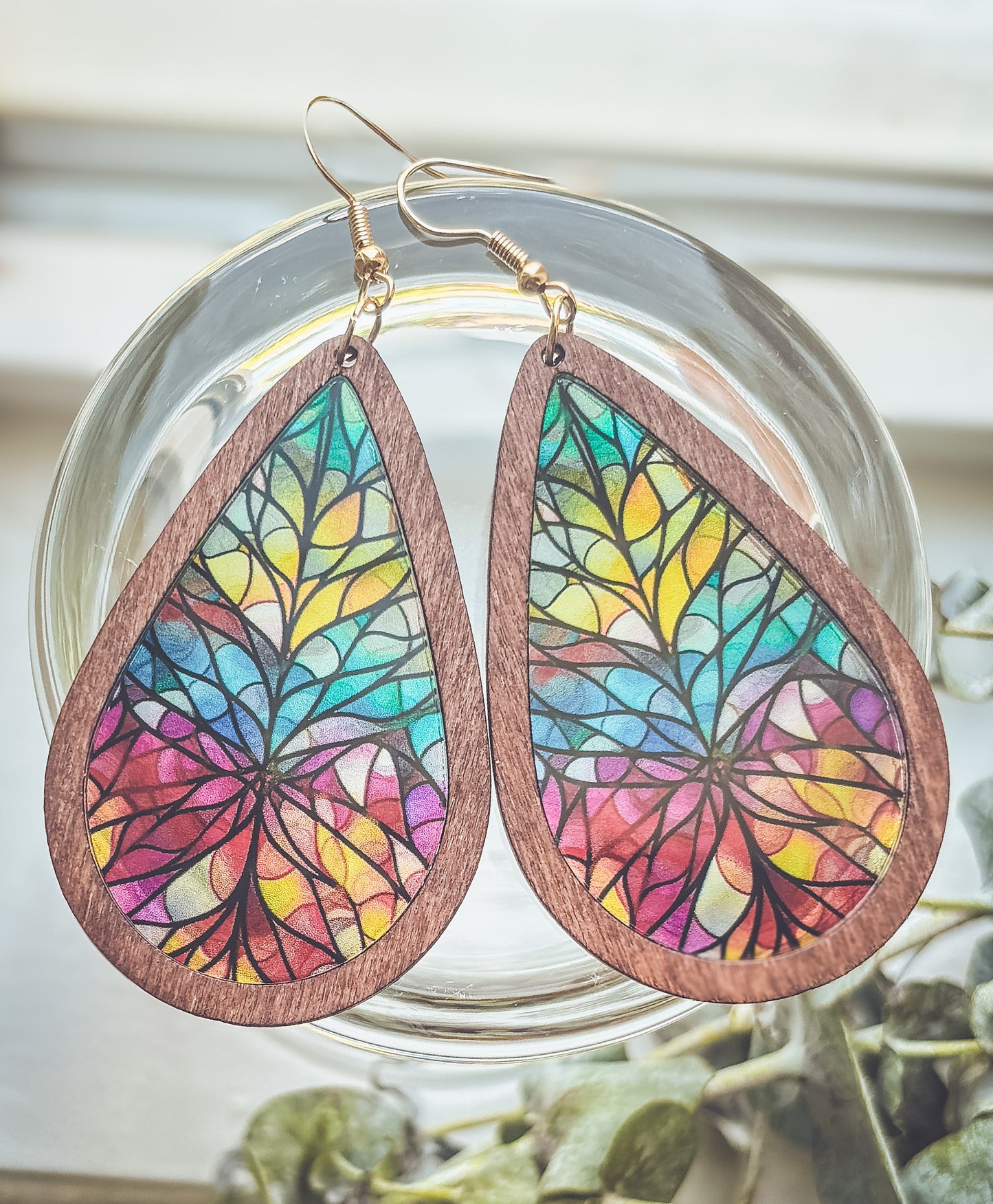 Beautiful Wood and Stained Glass Effect Earrings