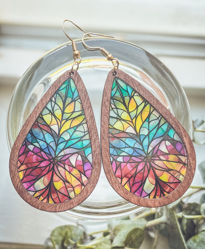 Beautiful Wood and Stained Glass Effect Earrings