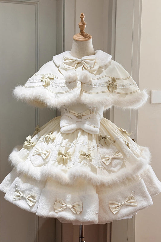 Apricot [Listen to Winter Wishes] Double-Layered Bowknot Lace Sweet Princess Gorgeous Lolita Tiered Dress with Cape