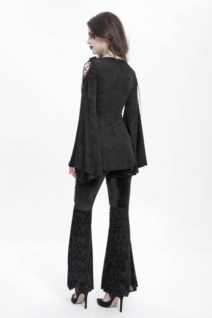 Black Long Trumpet Sleeves Print Embroidery Women's Gothic Blouse