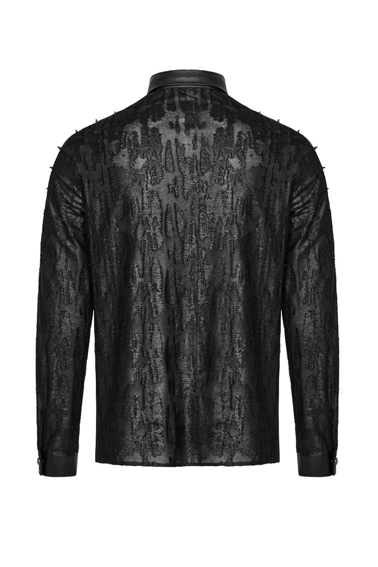 Black Lapel Collar Long Sleeves Faux Leather Stitching Men's Punk Blouse