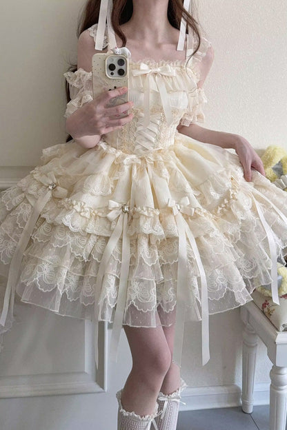 Apricot [Ribbon Heart Love] Sleeveless Multi-Layered Ruffle Bowknot Lace Lace-Up Sweet Princess Ballet Lolita Jsk Dress