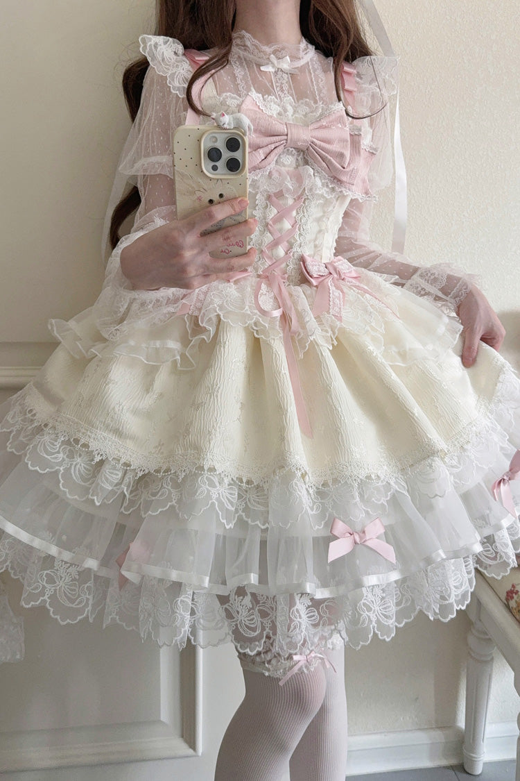 Apricot [Fleishi Island] Sleeveless Ruffle Bowknot Lace Slim Sweet Ballet Lolita Jsk Dress