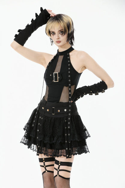 Black Off Shoulder Halterneck Sleeveless Mesh Eyelet Strap Women's Punk Top
