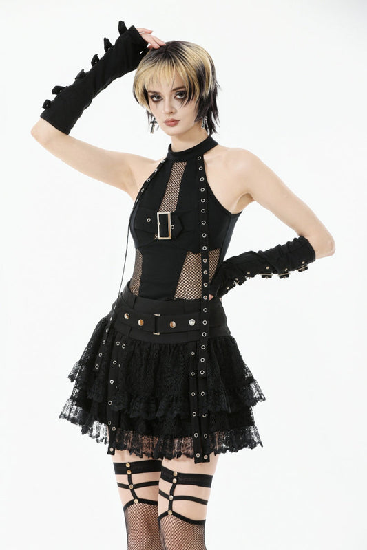 Black Off Shoulder Halterneck Sleeveless Mesh Eyelet Strap Women's Punk Top