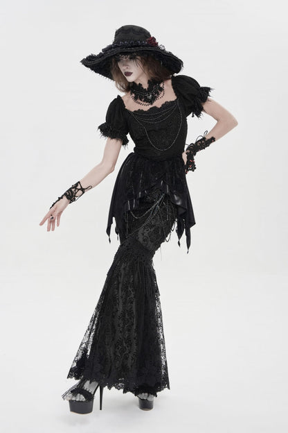 Black Double-Layered Embroidered Lace Slim Pearl-Decorated Women's Gothic Skirt
