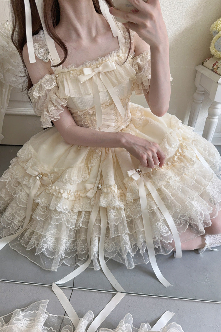 Apricot [Ribbon Heart Love] Sleeveless Multi-Layered Ruffle Bowknot Lace Lace-Up Sweet Princess Ballet Lolita Jsk Dress