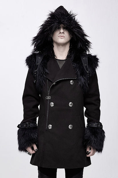Black Cape Collar Punk Long Mens Coat With Fur