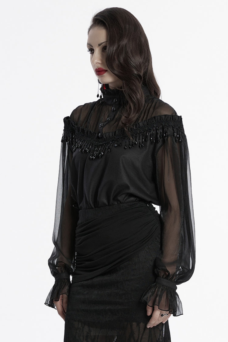 Black Long Sleeves Ruffle Sheer Mesh Women's Gothic Blouse