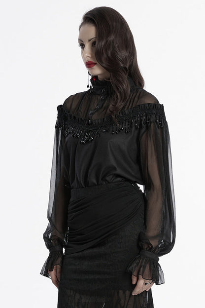 Black Long Sleeves Ruffle Sheer Mesh Women's Gothic Blouse